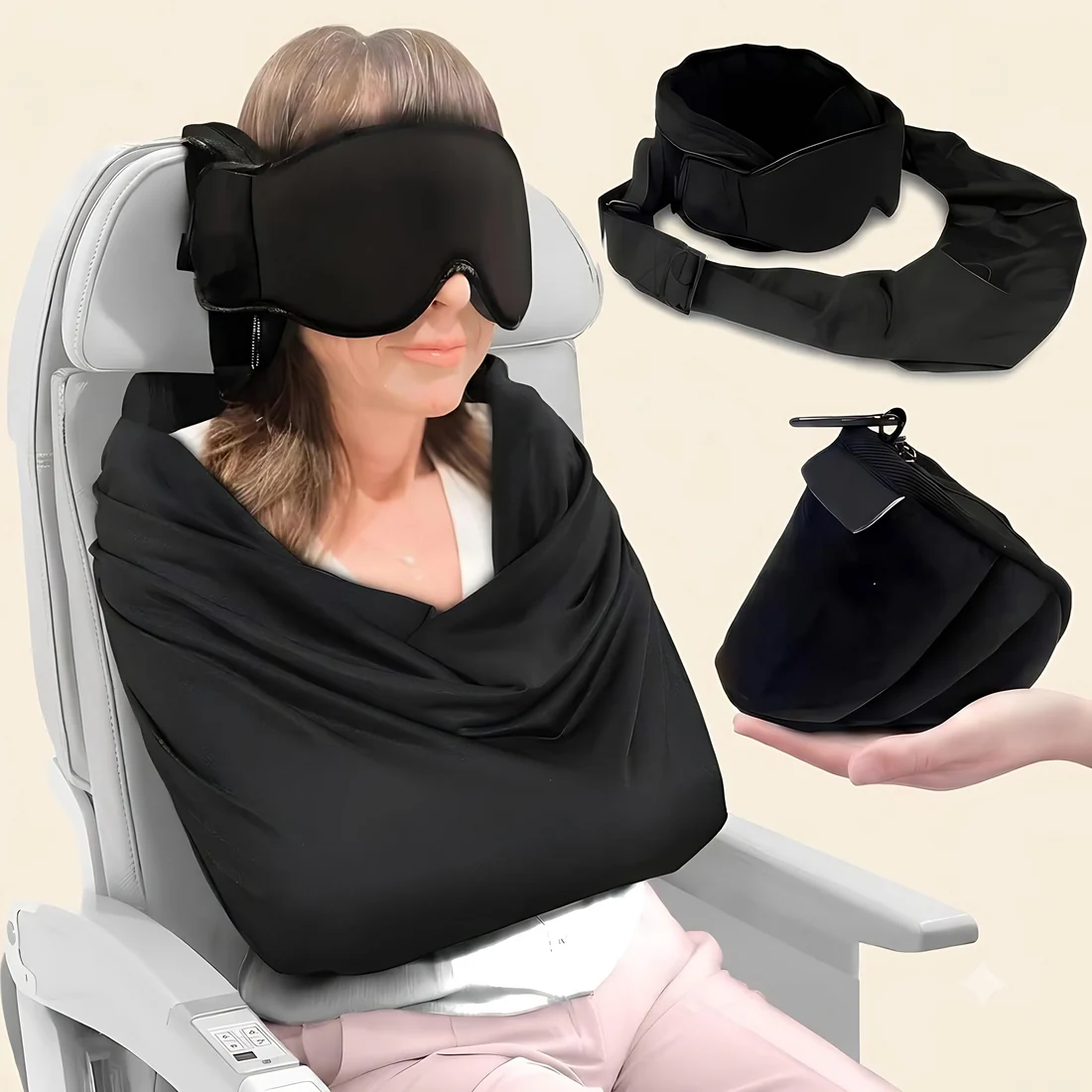 Black three-piece travel sleep set with a sleep mask, head support and arm wrap, shown in use and packed away